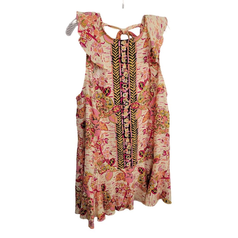 Free People NWT Size L Dress Mini Linen Blend Floral Keyhole Back Pullover Pink